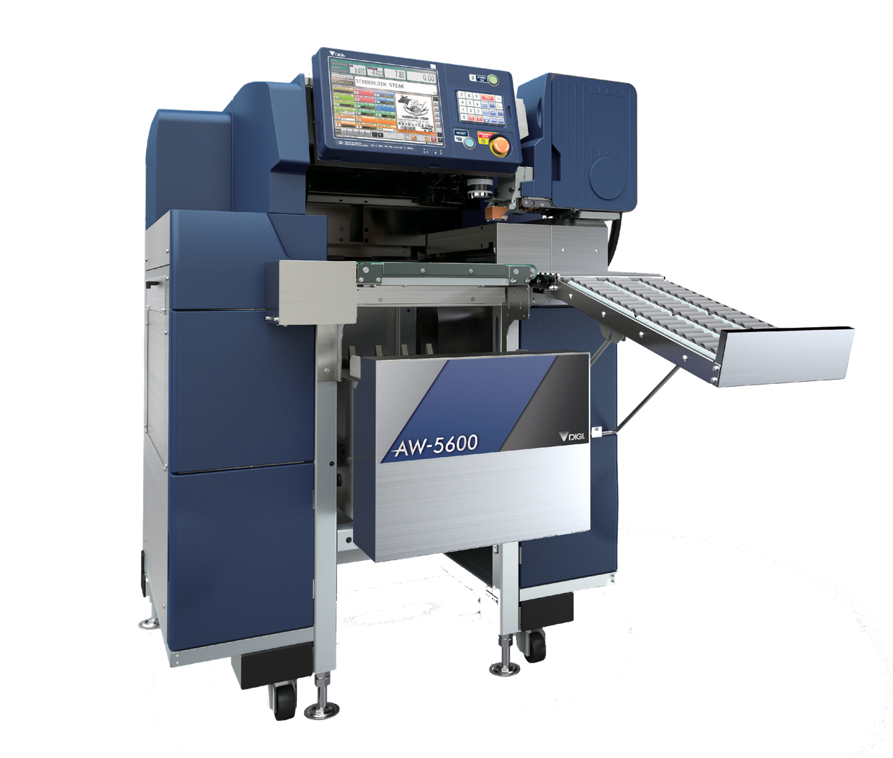 DIGI AW-5600 AT , automatic weigher-wrapper-labeler combines high speed and dynamic film stretching for a superior backroom operation.  Featuring an advanced super stretch system, 10.4 inch touch screen display, 80mm thermal head for printing and network capability. Optional Twin Labeler, Bottom Labeler, and POP Labeler are available.