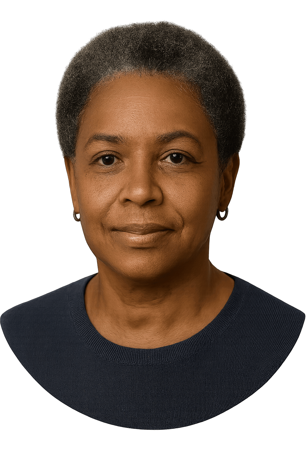 Professional headshot of a mature African American woman with short salt-and-pepper hair, wearing a navy sweater and subtle hoop earrings, used as a testimonial avatar
