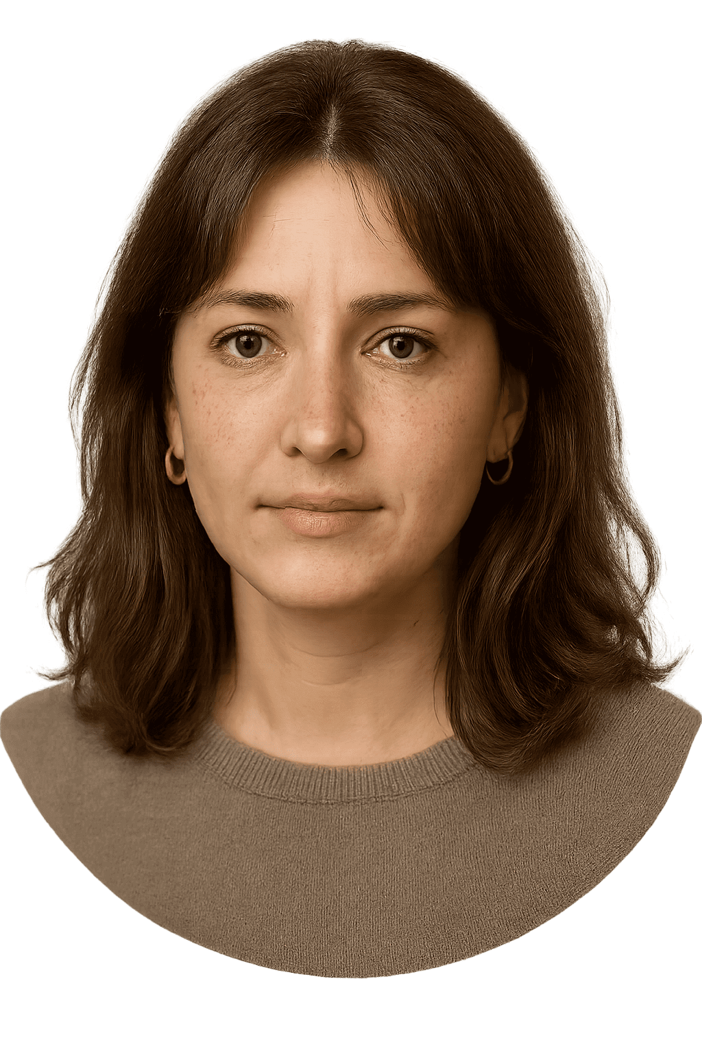 Natural portrait of a woman with shoulder-length auburn hair wearing a taupe sweater, used as a testimonial avatar