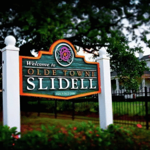 Welcome sign for Olde Towne Slidell, Louisiana