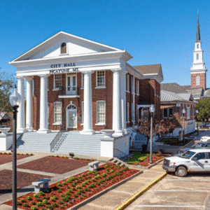 Picayune City Hall Picayune City Hall in Mississippi, historic red brick government building with white columns and landscaped grounds.