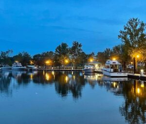 Boats docked by illuminated trees at dusk. Boats docked by illuminated trees at dusk.